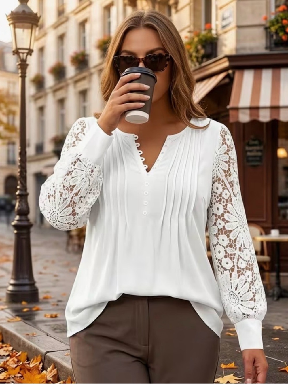 Plus 3X White Pintuck Lace-Sleeve Blouse Super Soft Loose Fit